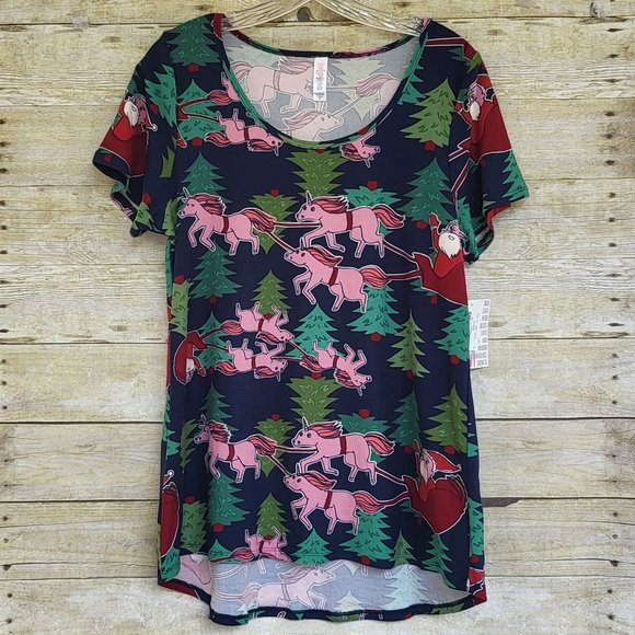NWT LuLaRoe Classic T Medium - Christmas - Unicorn Deer & Santa - Picture 1 of 6